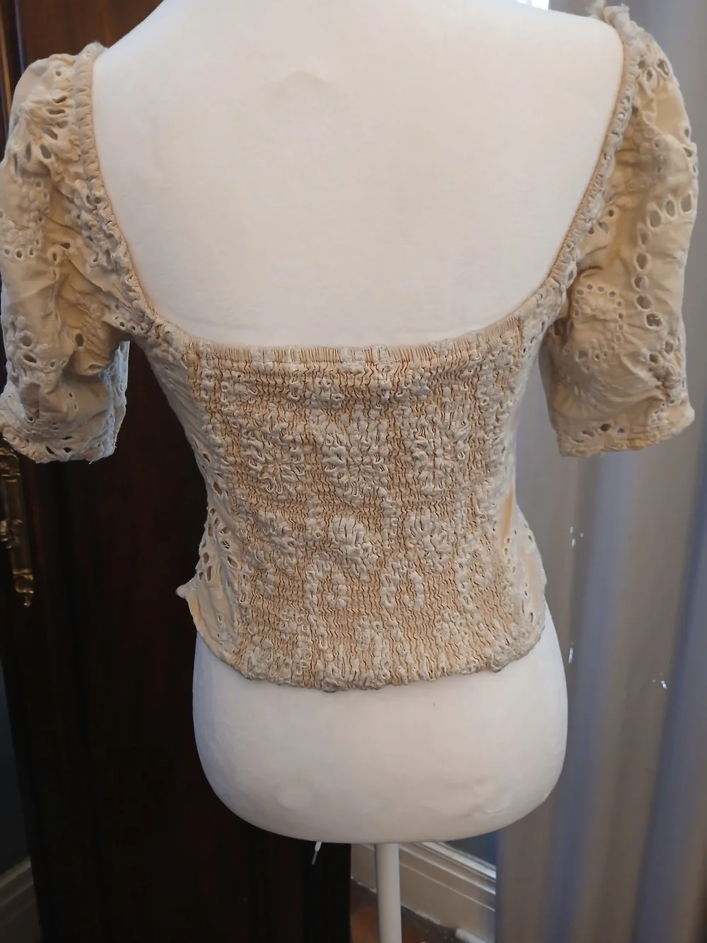 Neutral Eyelet Lace Square-Neck Puff Sleeve Blouse By ASTR THE LABEL